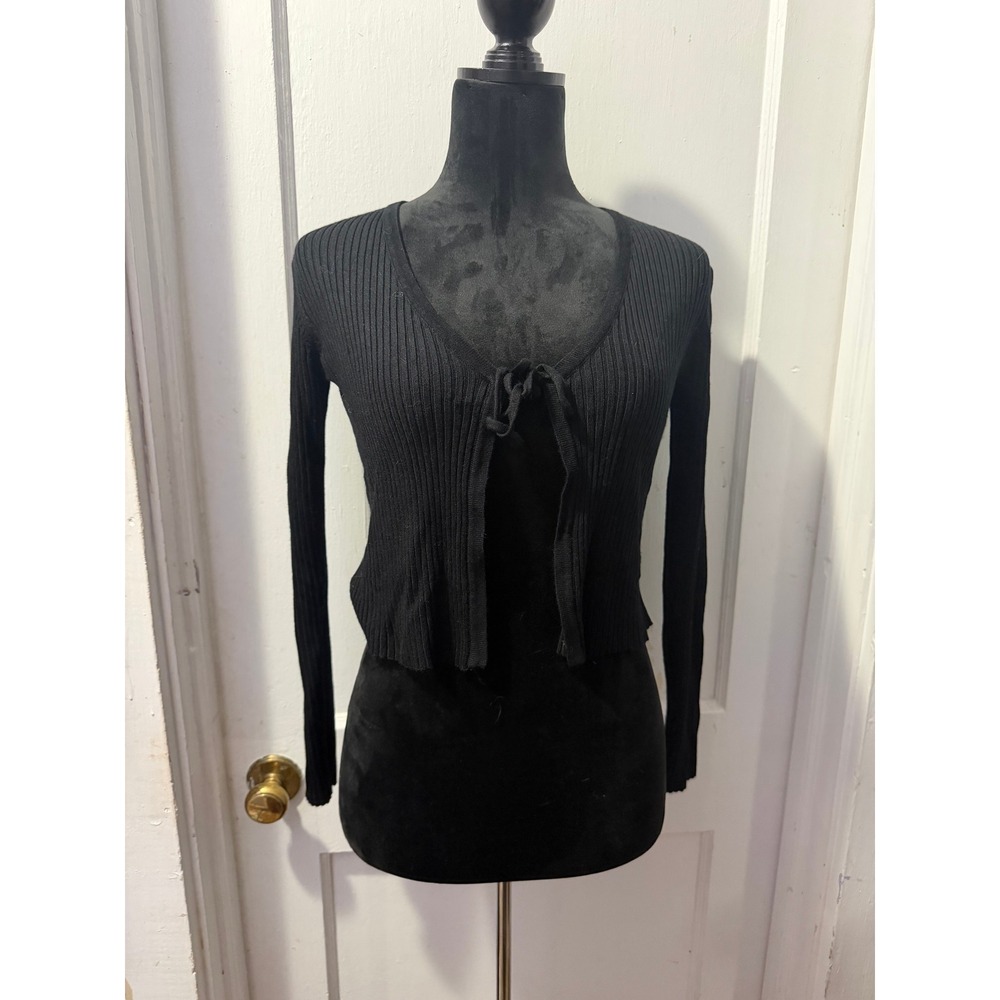 No Boundaries Black Ribbed Cropped Long Sleeve Tie Front Cardigan Sweater XS